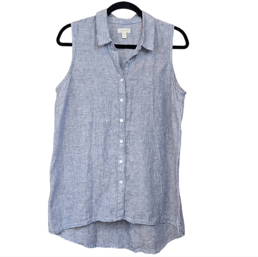 Garnet Hill Easy Linen Button Down Tank Sleeveless Collared Pinstripe Shirt Sz 8